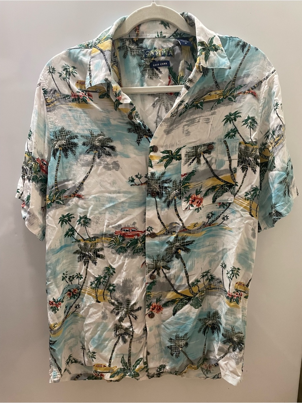 Vintage Campia Men's M Blue Island Palm Tree Hawaiian Shirt Short Sleeve Button
